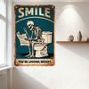Vintage Rusty Teal Metal Sign 'SMILE' with Skeleton on Toilet Reading Newspaper, 'YOU’RE LOOSING WEIGHT' Humorous Novelty Plaque