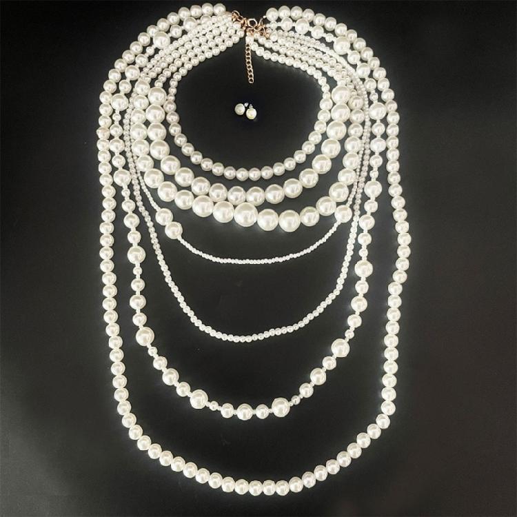 Modern Round Pearls With Ring Chain Layering Necklace Earrings Gift Pack Evening Wear Stone Accessories For Her