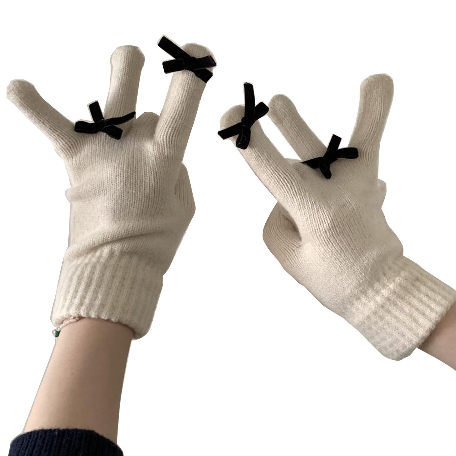 

Зимние вязаные перчатки с маленьким бантиком, парные перчатки с полными пальцами, утолщенные перчатки для улицы, для велоспорта, катания на лыжах, сохраняют тепло белый