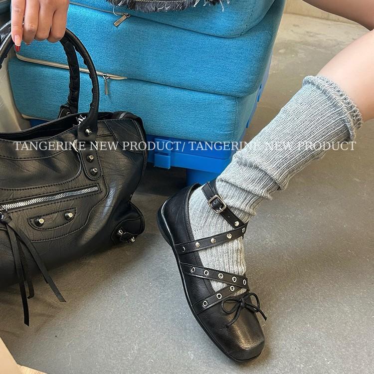 Retro small fragrant style red bow Mary Jane single shoes women's spring and summer new rivet buckle with ballet flats