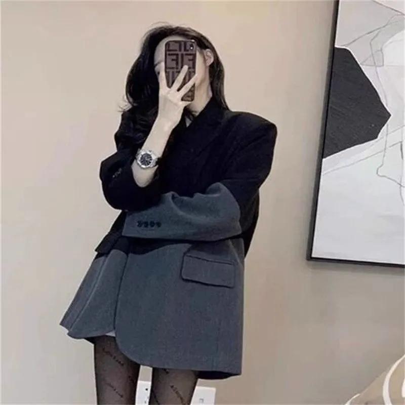 Women's Spring 2026 Black & Gray Contrast Splicing Suit Jacket: Trendy, All-Match Casual Top