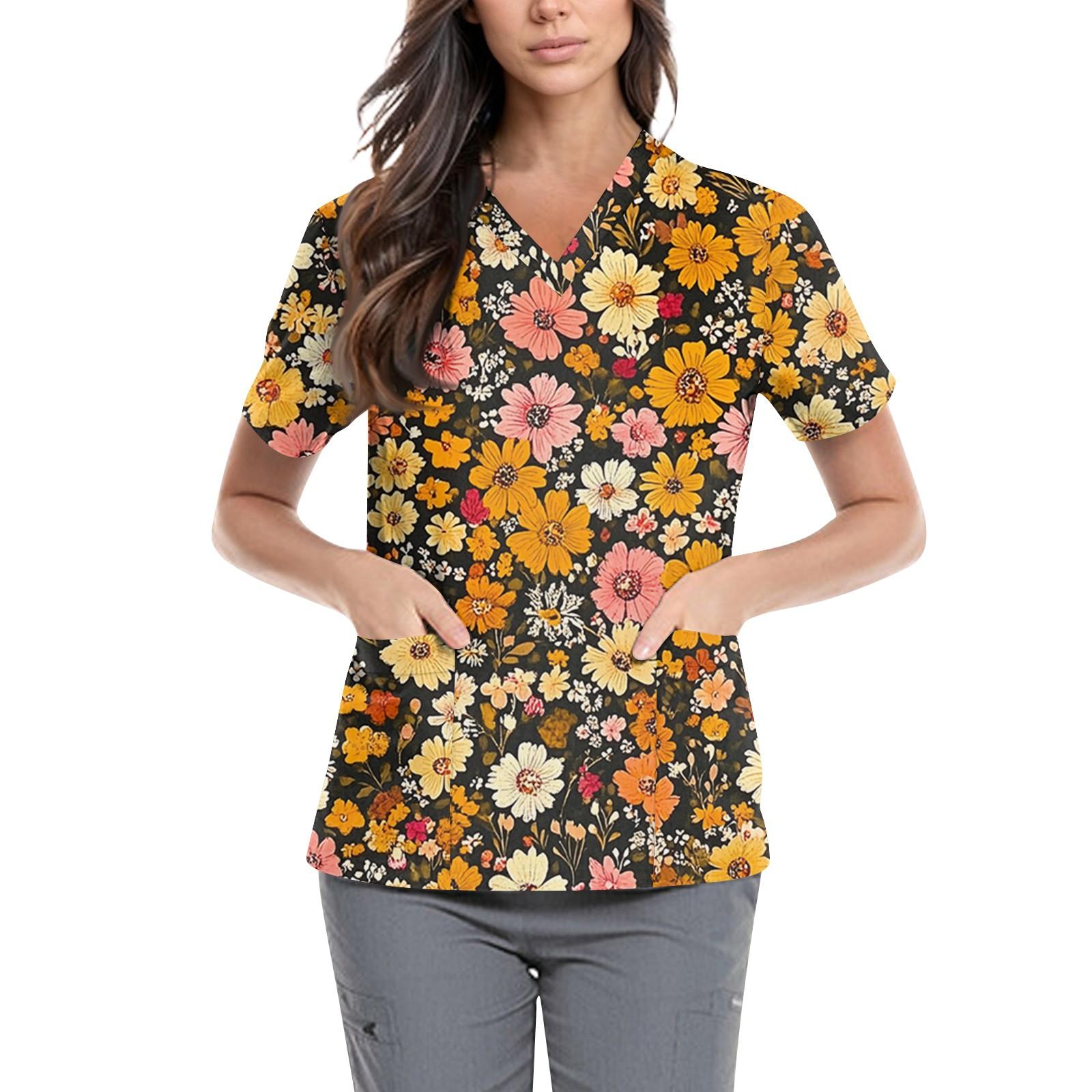 

Женская симпатичная принтованная рабочая одежда с V-образным вырезом, двухслойными карманами, базовым коротким рукавом, пуловером ко Дню святого Валентина XL жёлтый