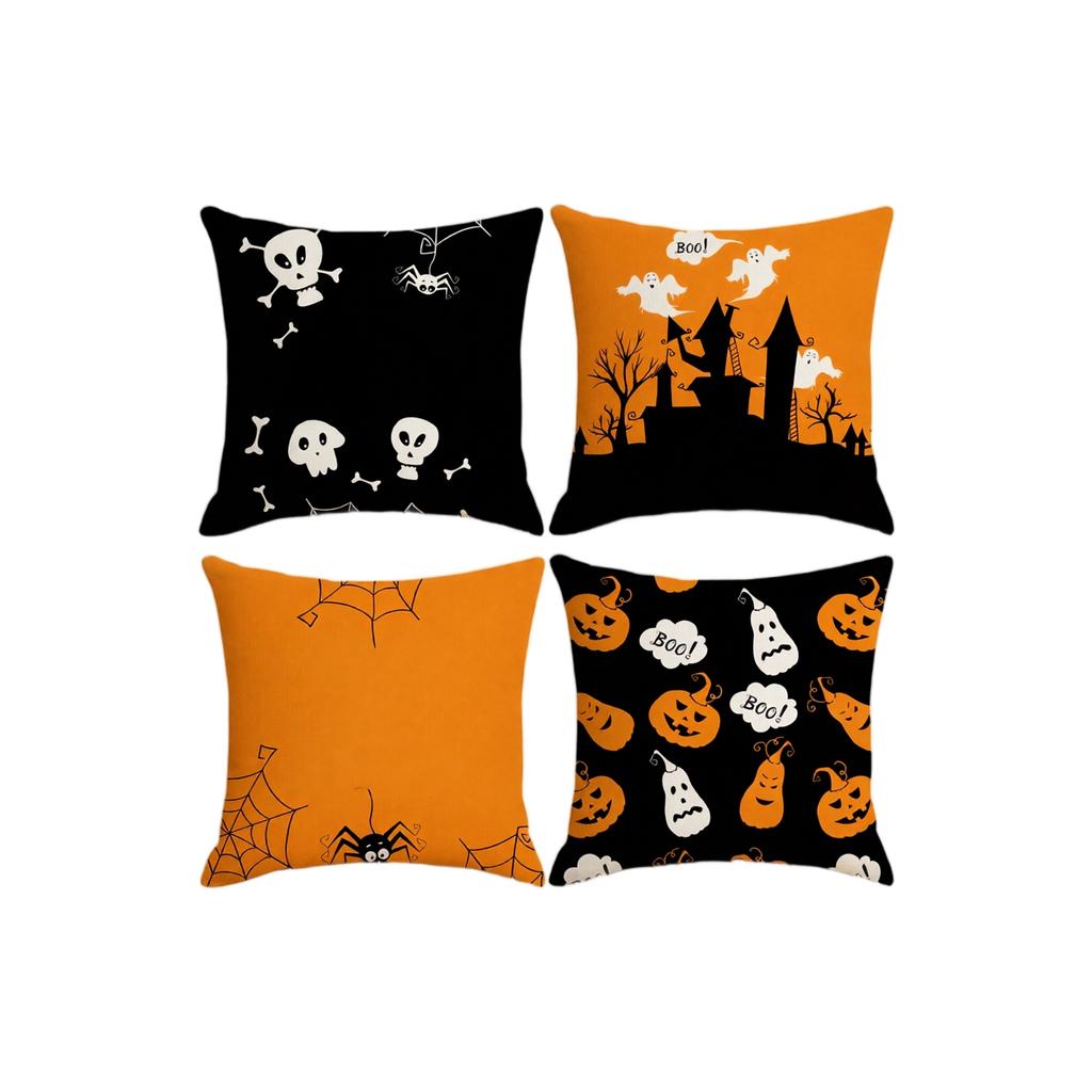 4PCS Halloween Pillow Covers Set Decorative Sofa Throw Pillowcases with Pumpkin and Haunted House Designs for Home Decor