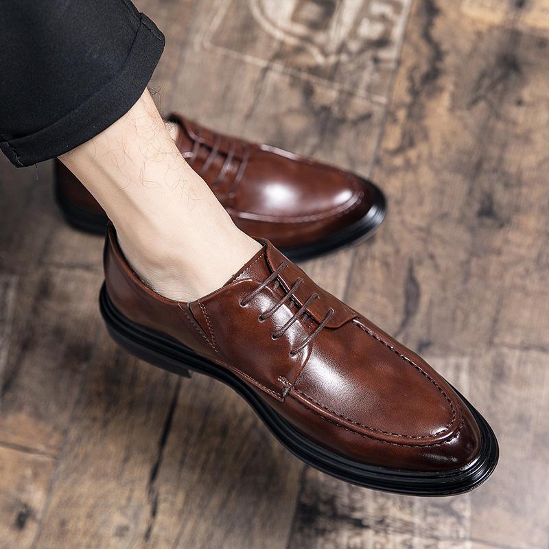 Summer and Autumn Business Casual Pointed Toe Men's Leather Shoes Tied Soft Leather Breathable Korean Version Height-enhancing Formal Leather Shoes
