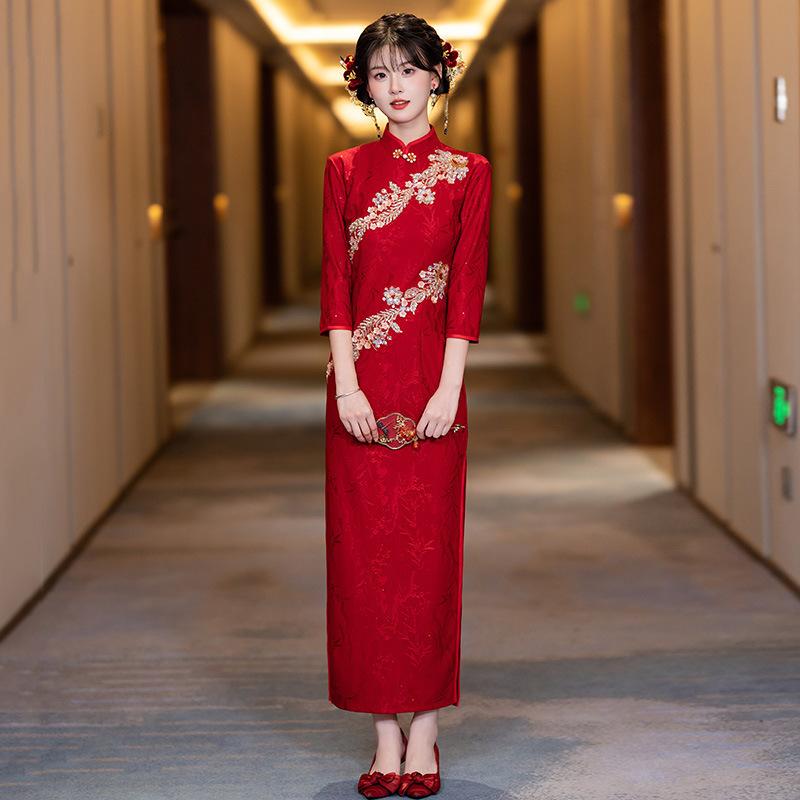 Phoenix Embroidery Red National Style New Chinese Long Sleeve Improved Cheongsam Women's Premium Bridal Toast Engagement Dress