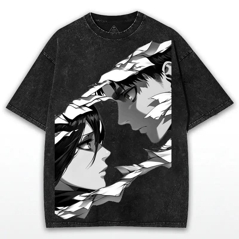 

Hot Anime Attack On Titan Eren Mikasa Print T-shirt Men Short Sleeve Clothing Cotton Tshirt Retro Washed T Shirt Male Manga Tops XXL чорний