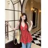 Sweet Spice Girl Red Floral V-Neck Neck Dress Summer New Waist Skinny Stacked A-Word Short Skirt Women