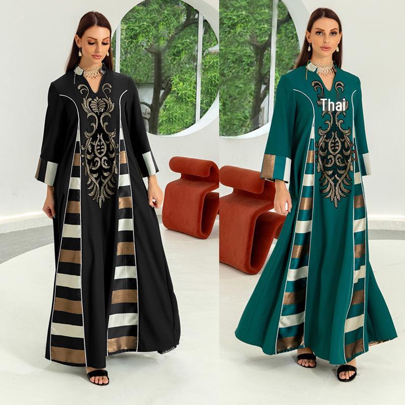AB052 Embroidered Long Dress - Women's Muslim Abaya, Middle Eastern Arabic Style