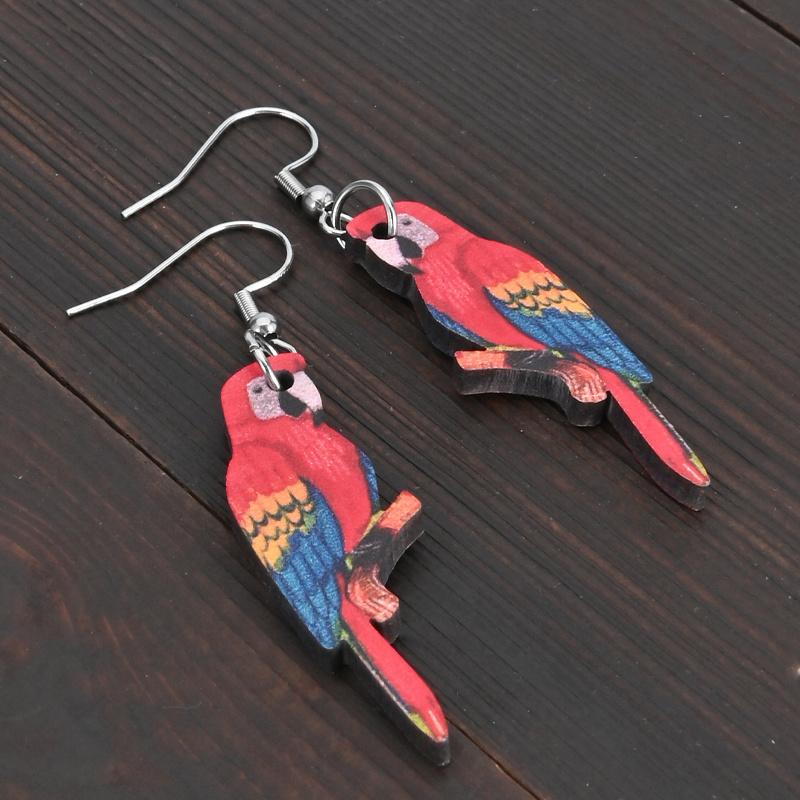 2D Flacher Roter Papagei Kreative Holzohrringe Leichte Hängeohrringe für Frauen