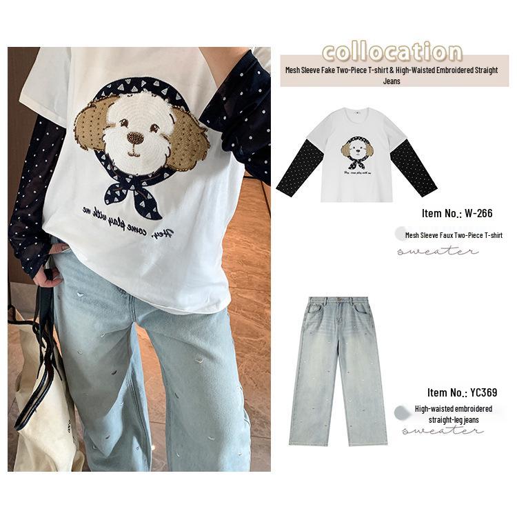 Shuangtian 2026 Plus Size Women's T-Shirt with Mesh Sleeves & Cartoon Embroidery