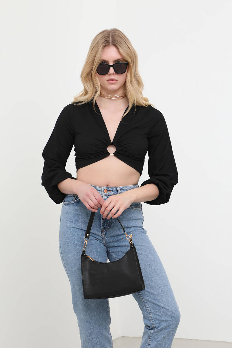 

Бюстье со складками и рукавами с кольцом Черный S чёрный