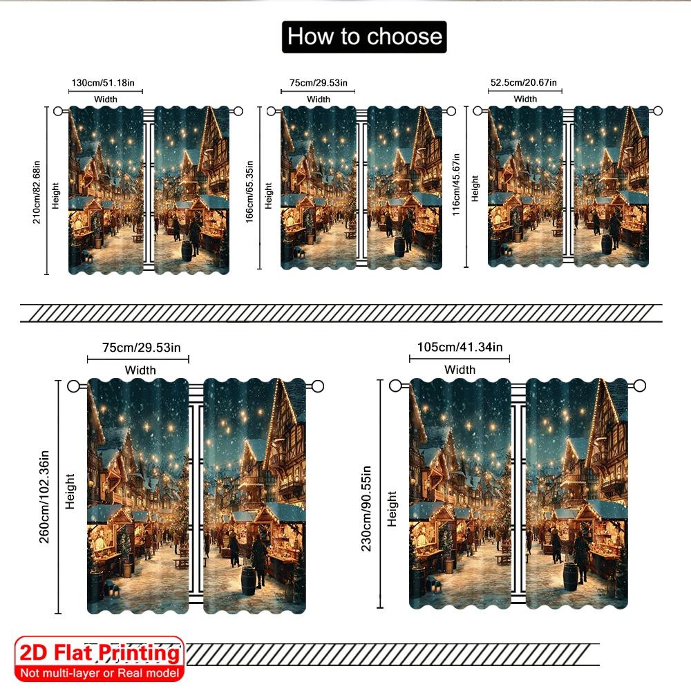 2pcs 2D flat printing Merry Christmas Curtain Christmas Market Night View Versatile Polyester Fabric Without Electricity Family