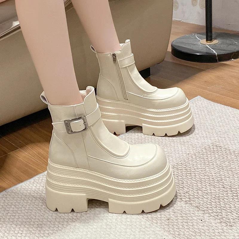 Нові Жіночі Хутряні Ботильйони на Щиколотці Товста Підошва Шкіряні Бойові Мотоциклетні Чоботи Осінь Зима Теплі Плюшеві Висока Платформа Зимове Взуття Жіноче 10 СМ