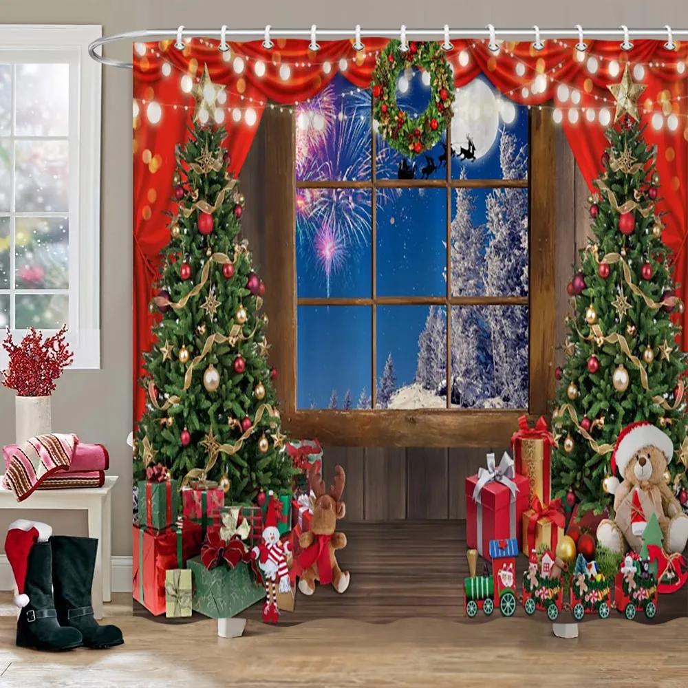 Weihnachtsparty Duschvorhänge Kamin Weihnachtsbaum und Geschenke Schneemann Schneeszene Waschbarer Duschvorhang Kunst Badezimmer Dec