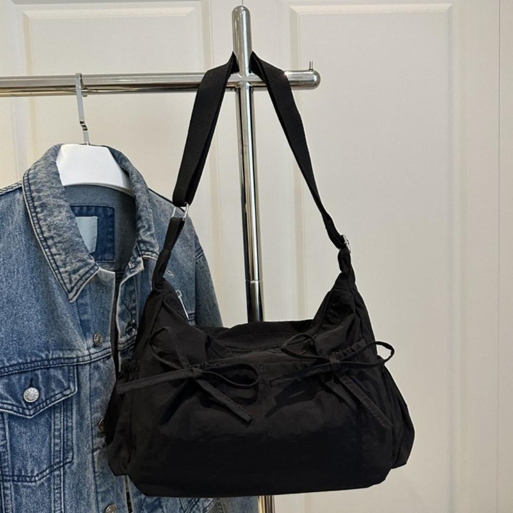 Pleated Nylon Shoulder Bag Multiple Pockets Hobo Bag Sweet Bow Crossbody Bag Women