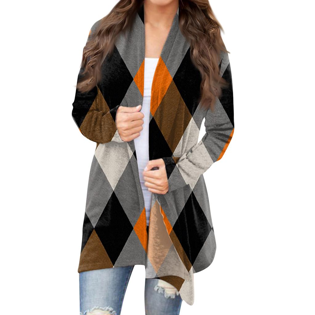Damska codzienna moda w kratę, kardiganowa kurtka z półotwartym kołnierzykiem, średniej długości, z nieregularnym dołem