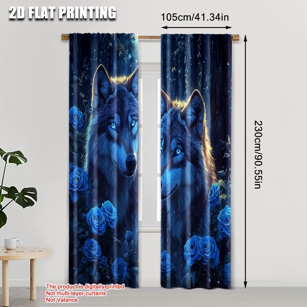 Set aus 2 minimalistischen Vorhängen mit Flugzeugdruck Mystischer Wolf Blaue Rosen Polyester Einfache Montage ohne Stange Feiertags-Küchenvorhang Ideal für den Kochbereich