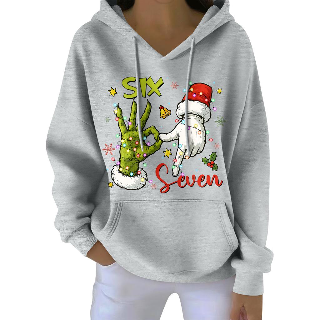 Damenmode Damen Leichter Langarmpullover mit Taschen Preppy Graphic Hoodie