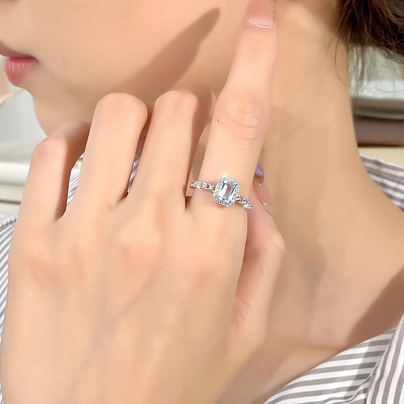 S925 Silver Square Crystal Open Ring, Multiple Colors, Adjustable Dainty Band, Korean Style Daily Jewelry Gift for Women