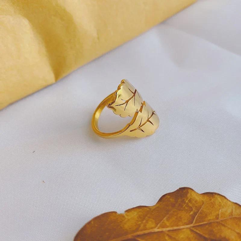 18k Gold Titanium Steel Leaf Ring - Korean High-End Cold Style Jewelry