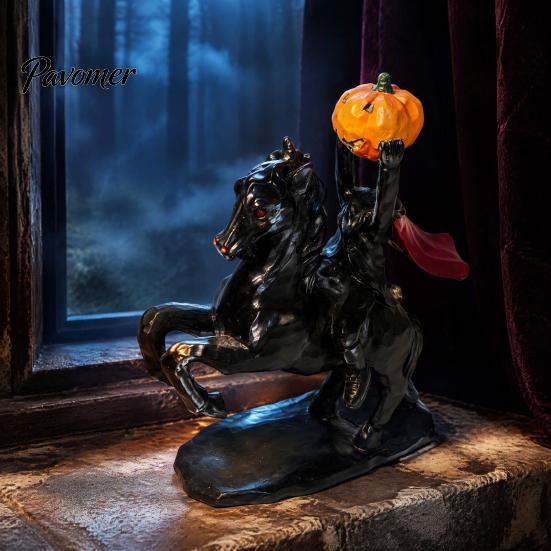Indoor Scary Figurine Halloween Headless Horseman Statue, Vintage Bronze Textured Resin Gothic Horror Figurine, Stable Base Sculpture for Home