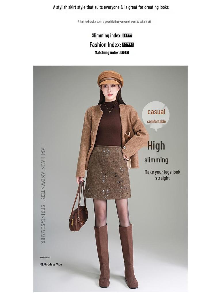 Elegant Coco Style Rhinestone High-Waisted A-Line Skirt - 2025 Autumn/Winter Petite Fashion