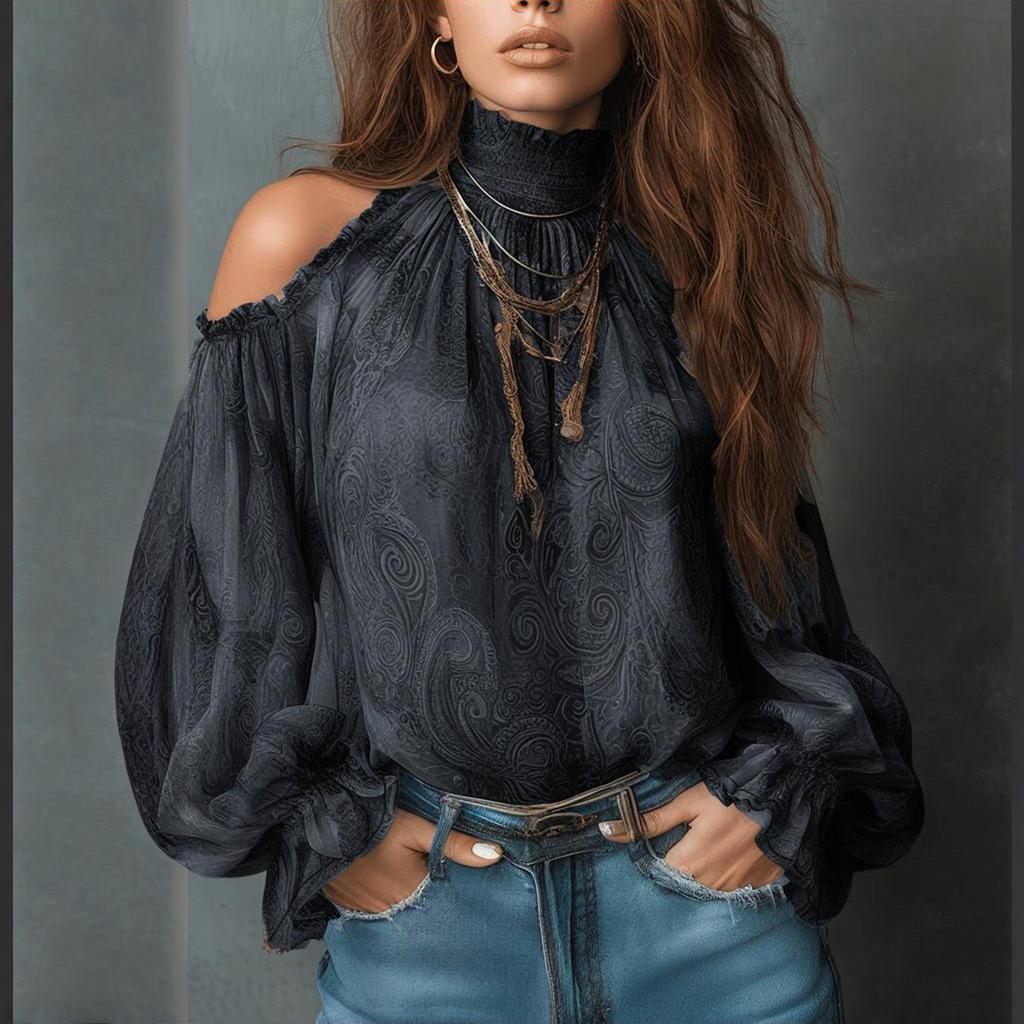 Womens High Neck Cold Shoulder Chiffon Blouse Lantern Sleeve Loose Fit Top Casual Shirt