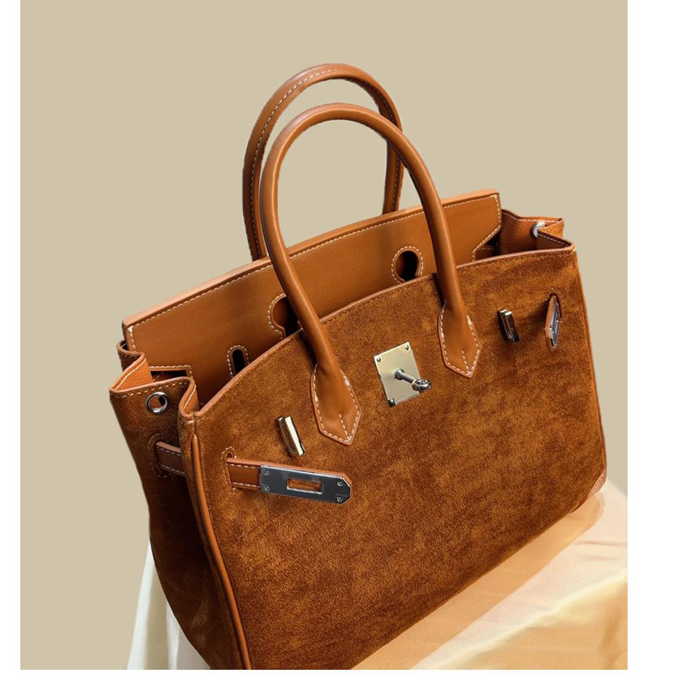New Trendy Suede Leather Handbag Large‑Capacity Nubuck Top‑Grain Cowhide Women Bag Casual Single Shoulder Crossbody Purse -NO LOGO