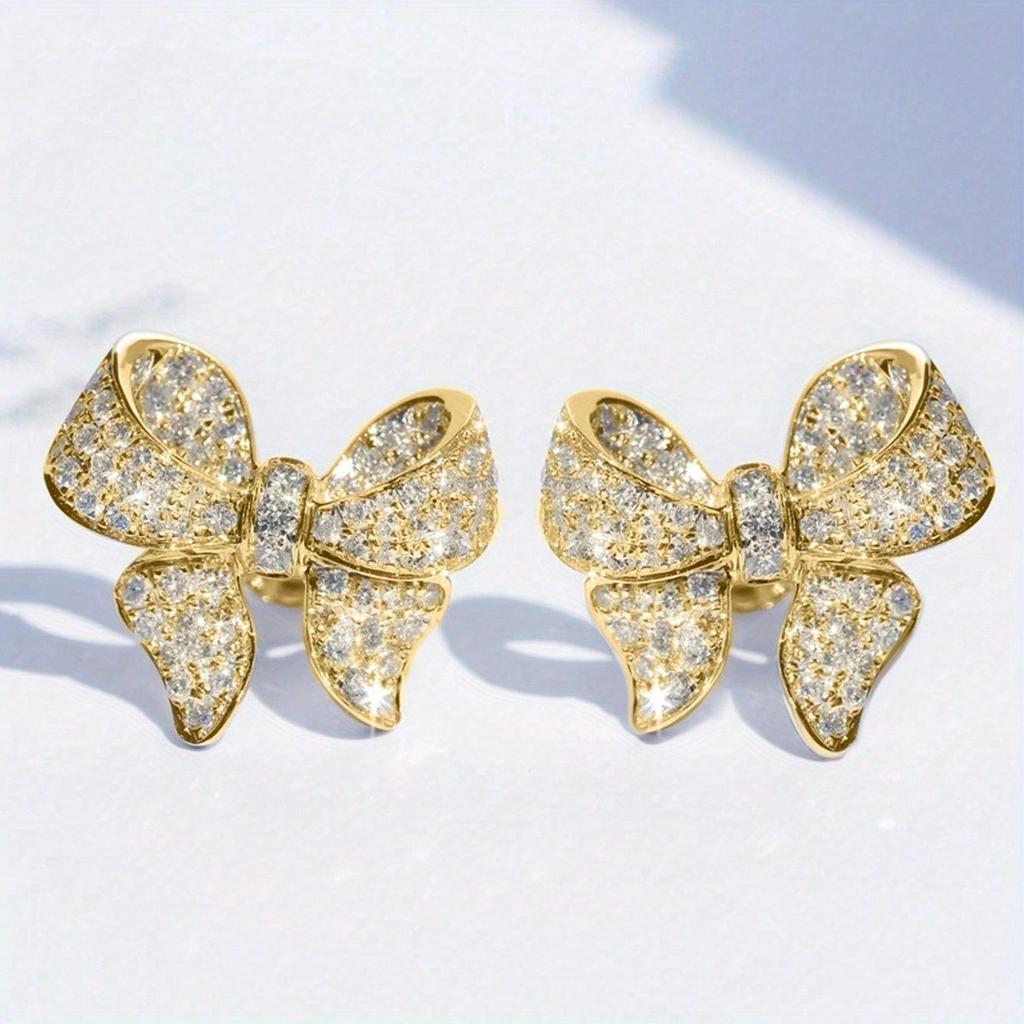 Full Rhinestone Stud Earrings, Luxury Heavy Craft Bow Earrings, Cute Versatile Ear Jewelry For Women