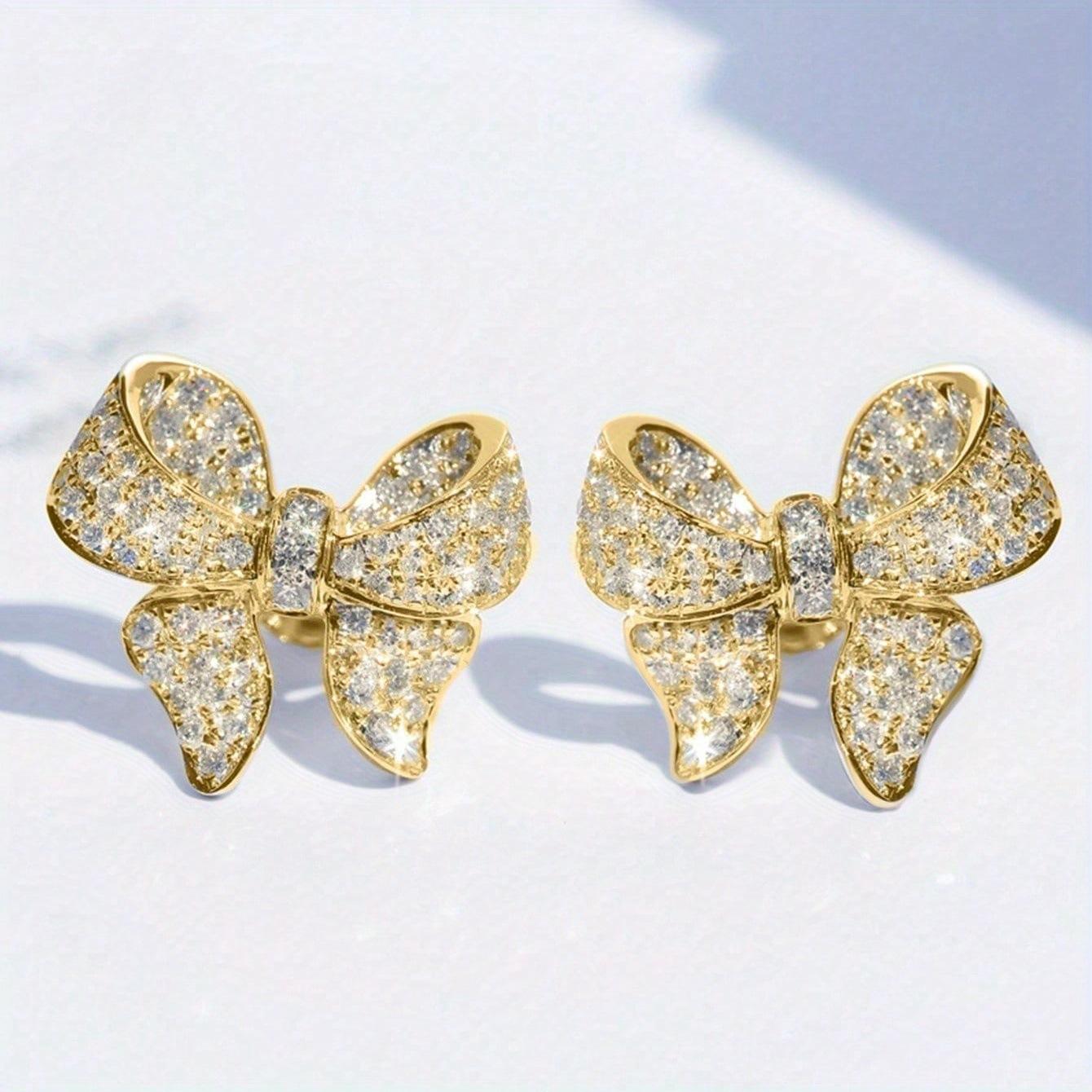 

Full Rhinestone Stud Earrings, Luxury Heavy Craft Bow Earrings, Cute Versatile Ear Jewelry For Women золотой