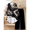 Geometric Pattern Print Two Piece Outfit Women Long Sleeve Irregular Hem Tunic Top Wide Leg Pants Casual Matching Set