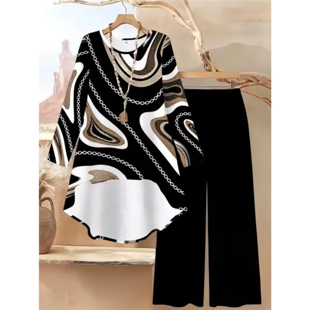 Geometric Pattern Print Two Piece Outfit Women Long Sleeve Irregular Hem Tunic Top Wide Leg Pants Casual Matching Set