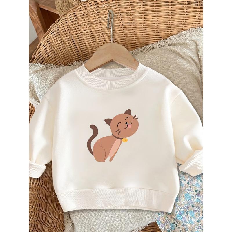 Kids Crewneck Pullover Sweatshirt, Cartoon Kitten Graphic Print 110 белый