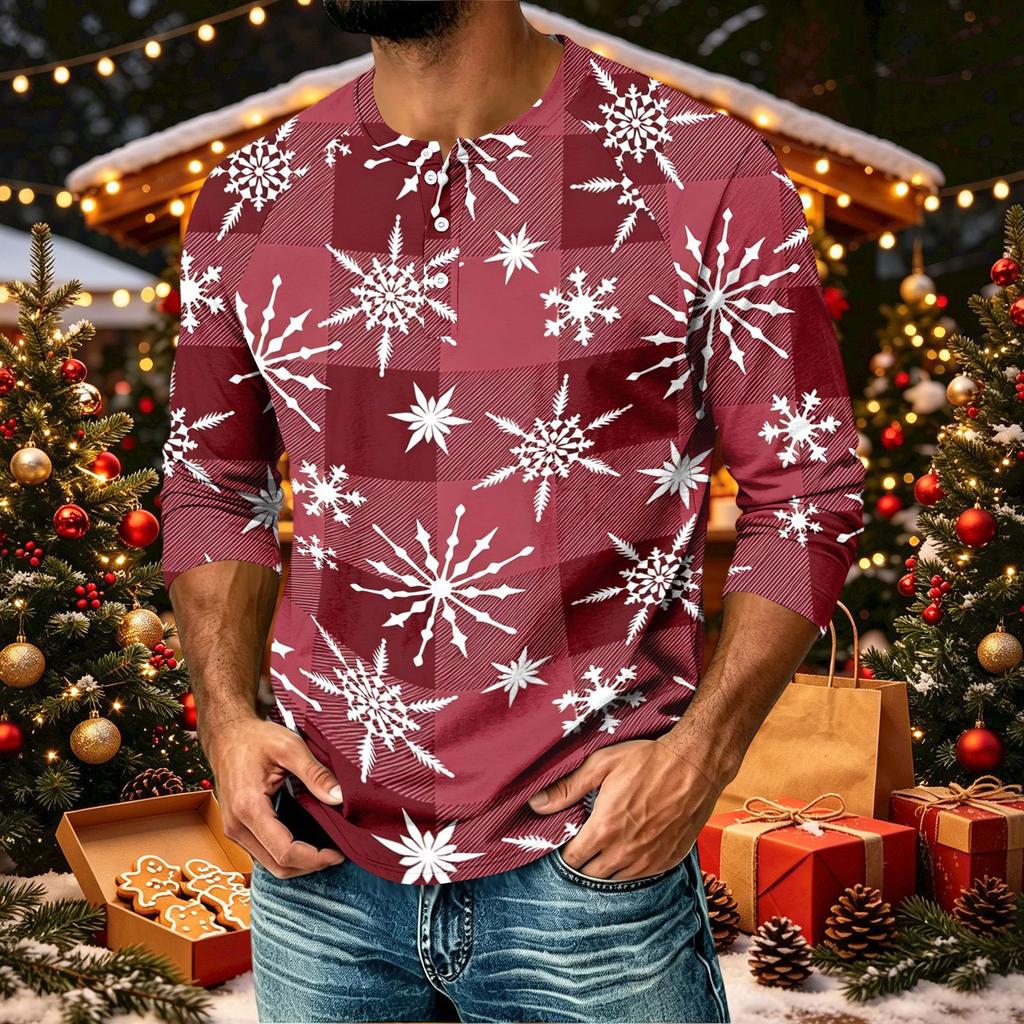 Men's Casual Shirt with Raglan Three-Quarter Length Sleeves Christmas Print Pullover