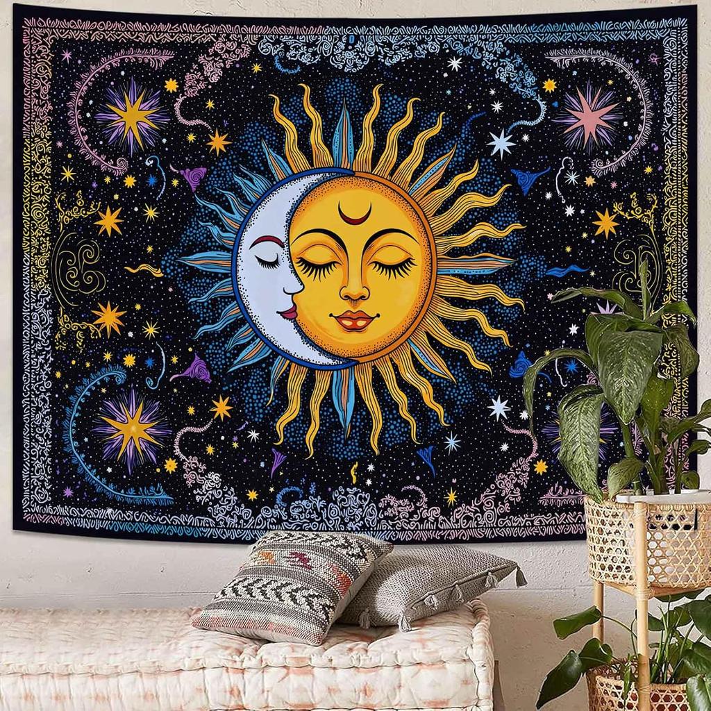 Boho Sun and Moon Tapestry, Colorful Celestial Starry Sky Mandala Print Wall Hanging for Bedroom Living Room Dorm Decor