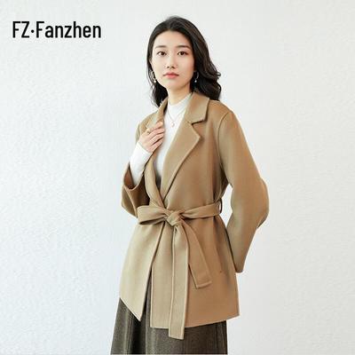 Cappotto da donna Fanzhen in 100% lana, lunghezza media, con cintura
