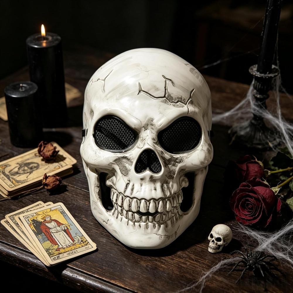 Ripped White Skull Halloween Mask, Breathable Full-face Mesh Skull Mask with Adjustable Strap, Perfect for Scary Costume and Haunted House Parties