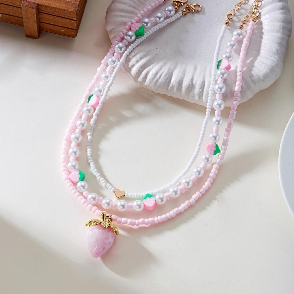 Red Fruit Pearl Beaded Necklace Multi-layer Strawberry Necklace Trendy Cherry Beads Necklace Women