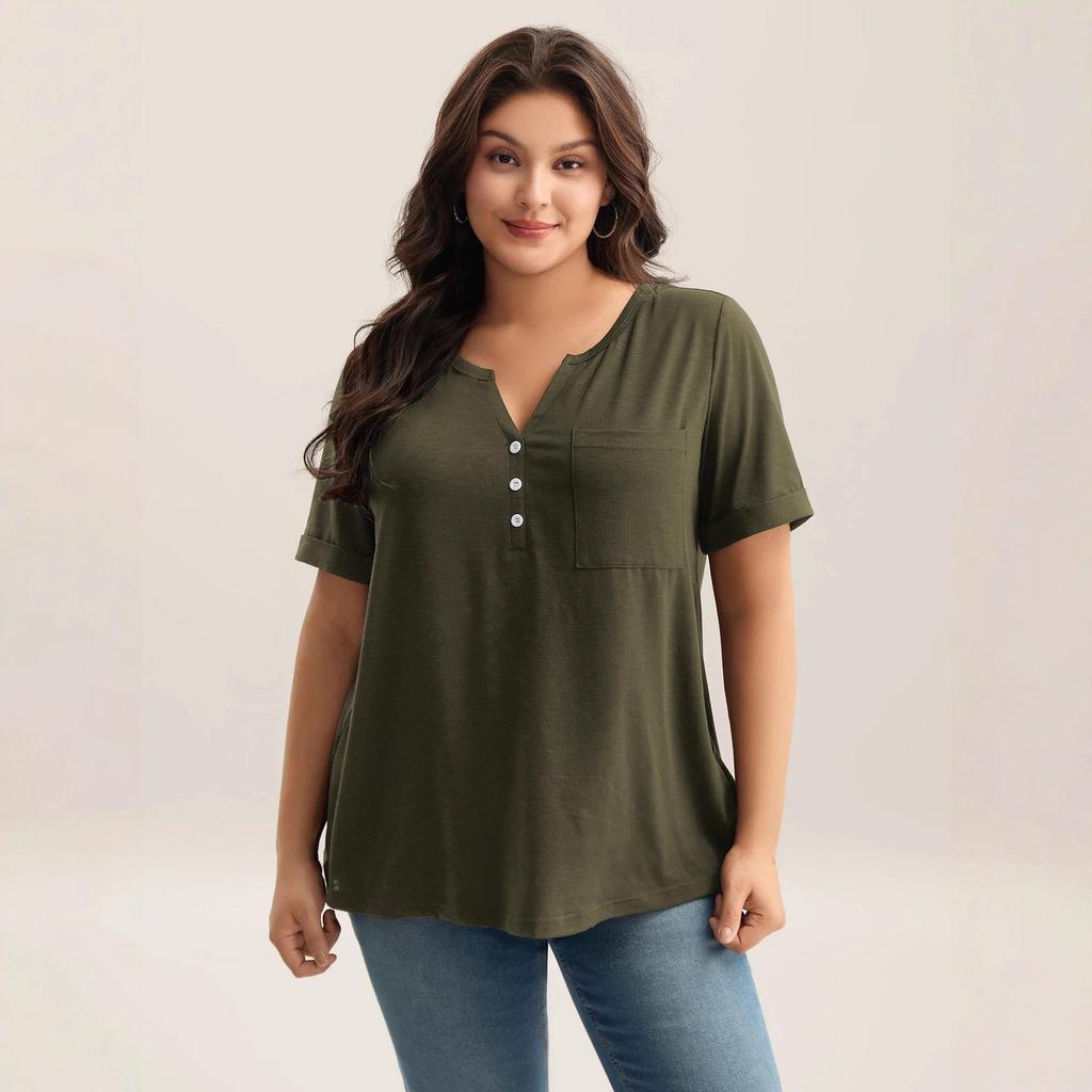 Großformat Damen V-Ausschnitt Knopf Kurzarm Einfarbig Lässig T-Shirt