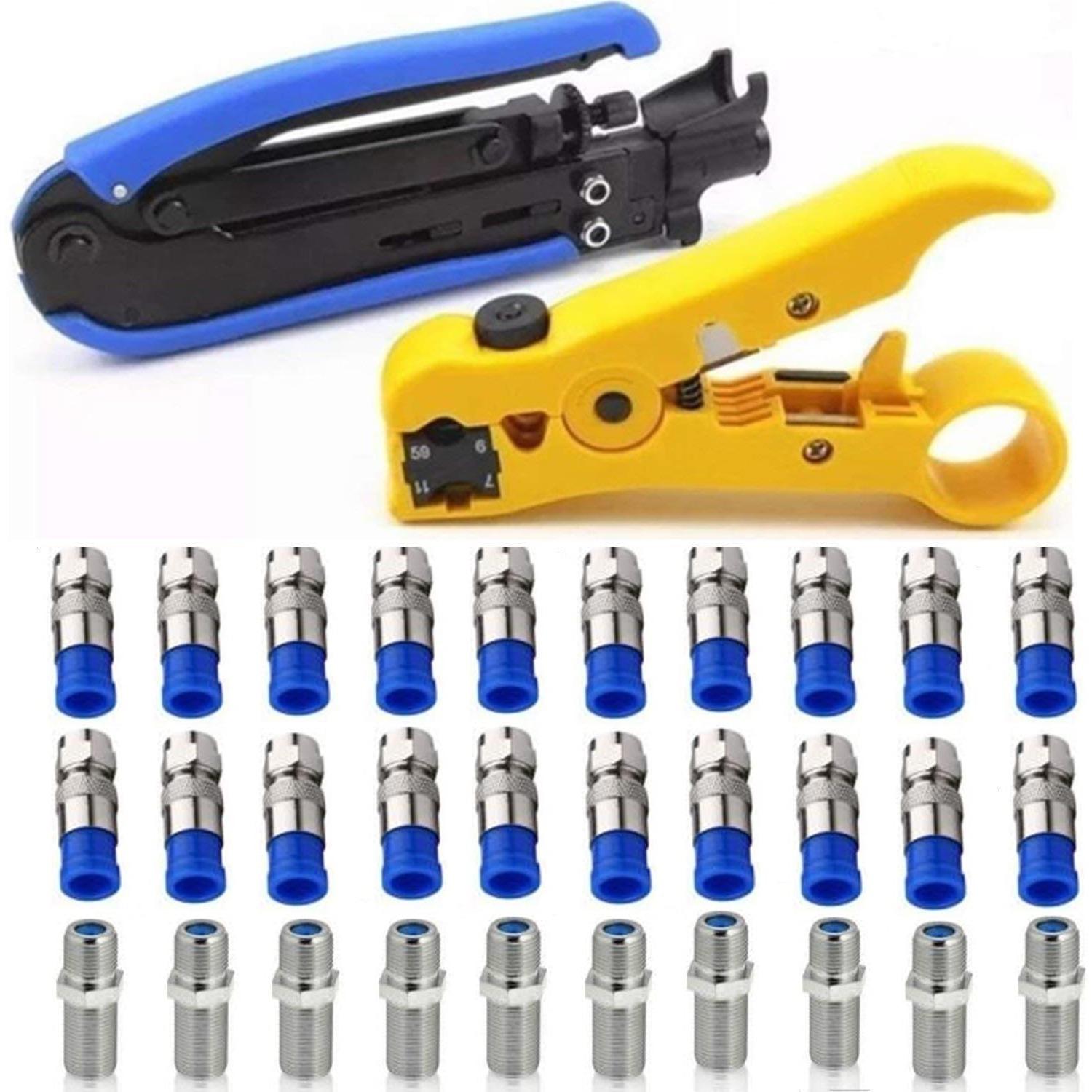 Gaobige Coaxial Compression Tool Coax Cable Crimper Kit Adjustable rg6 rg59 rg11 75-5 75-7 Coaxial Cable Stripper with 20pcs F Male And 10pcs Female 32PCS