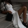 European American INS Style Women's Long Dress, Design Puff Sleeve, Slim Fit Bodycon, Split Hem Elegant Party Dress