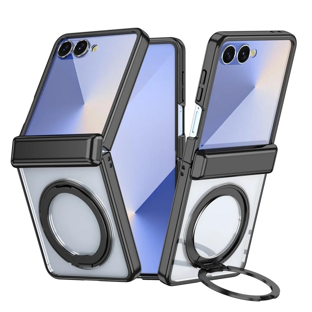 Obrotowy Uchwyt Pierścieniowy Platerowana Ramka z Magnetycznym Przezroczystym Etui na Telefon Samsung Galaxy Z Flip 7 Ochrona Obiektywu Odporny na Wstrząsy Tylna Pokrywa