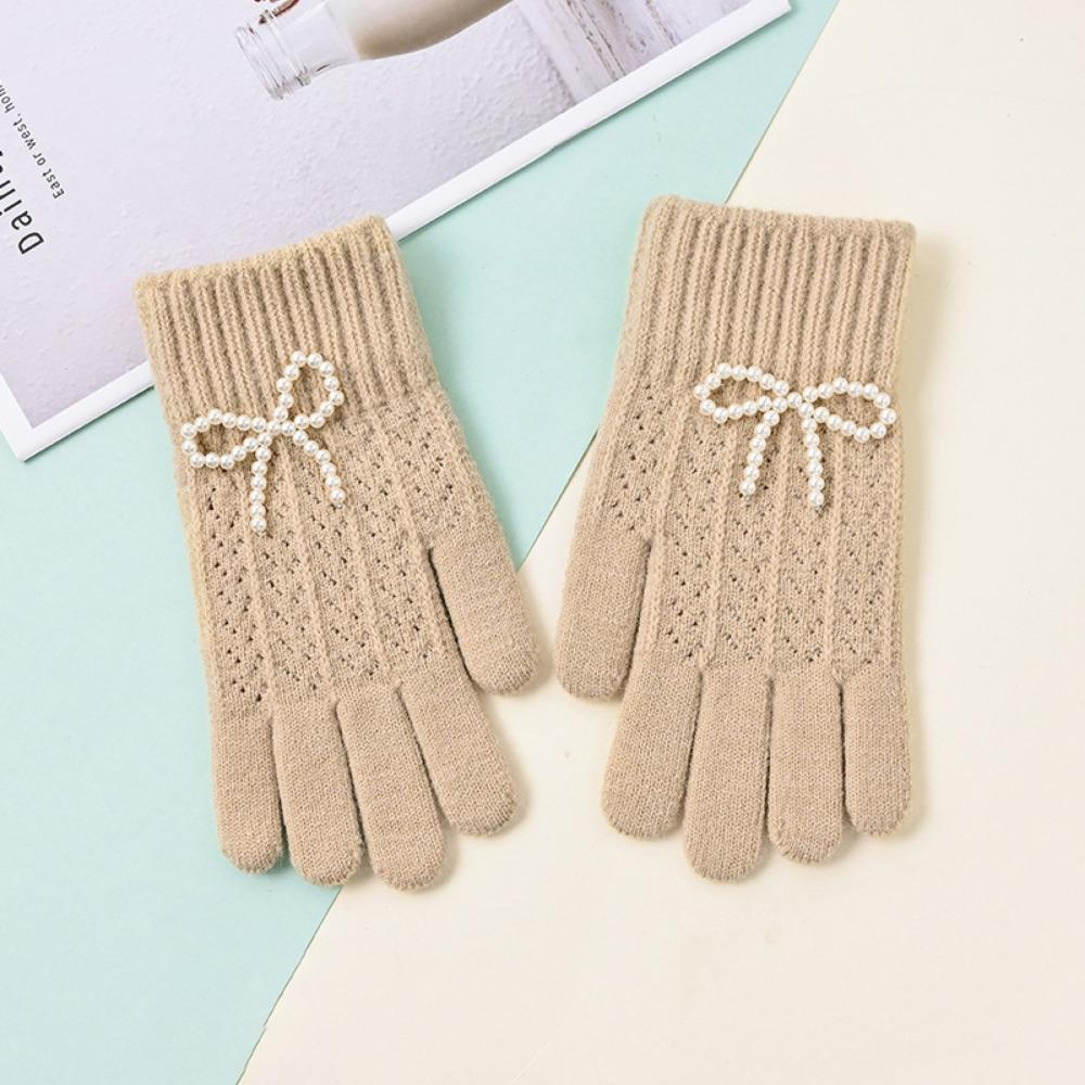 Fashion Pearl Bow Knitted Gloves Kawaii Women Mittens New Warm Fullfinger Gloves