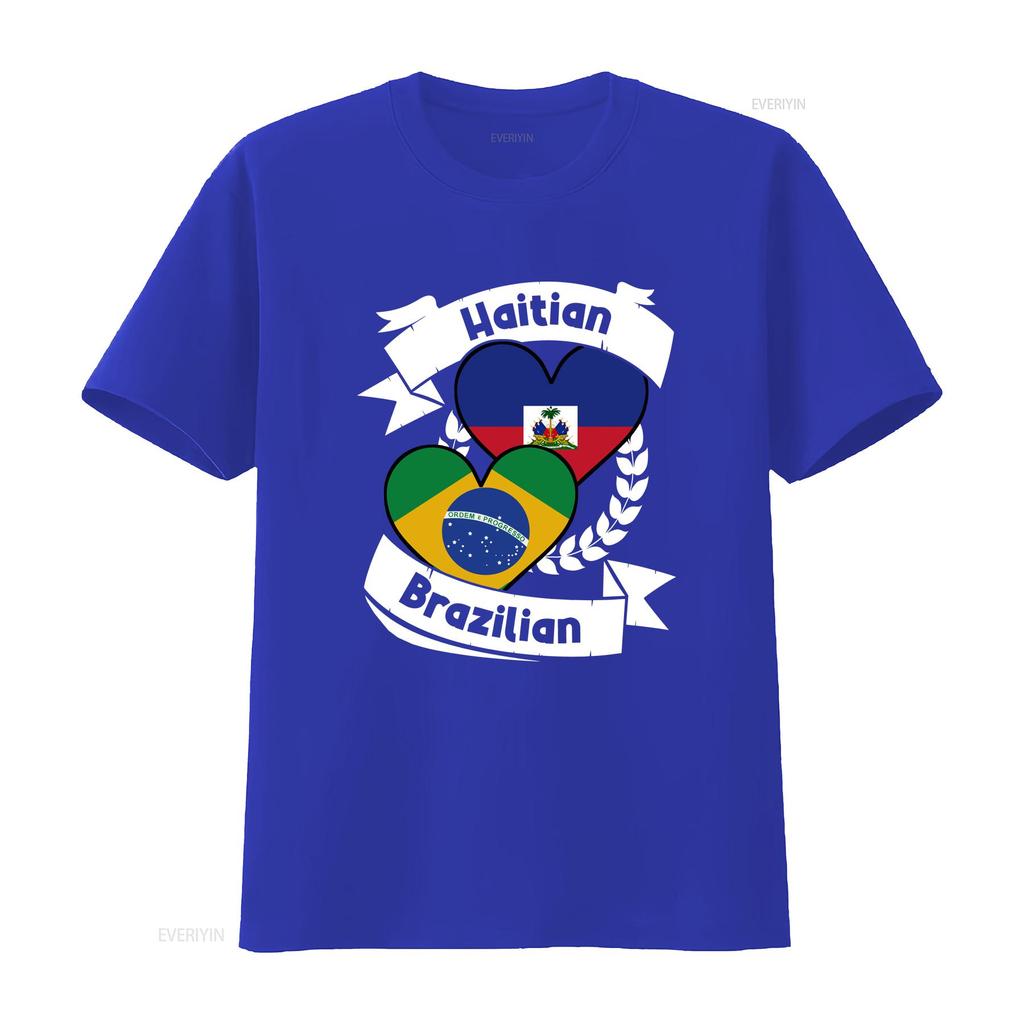 Haitian Brazilian Heart Flags Haiti Brazil T Shirt vintage Washed Soft fashion Breathable graphic Slightly