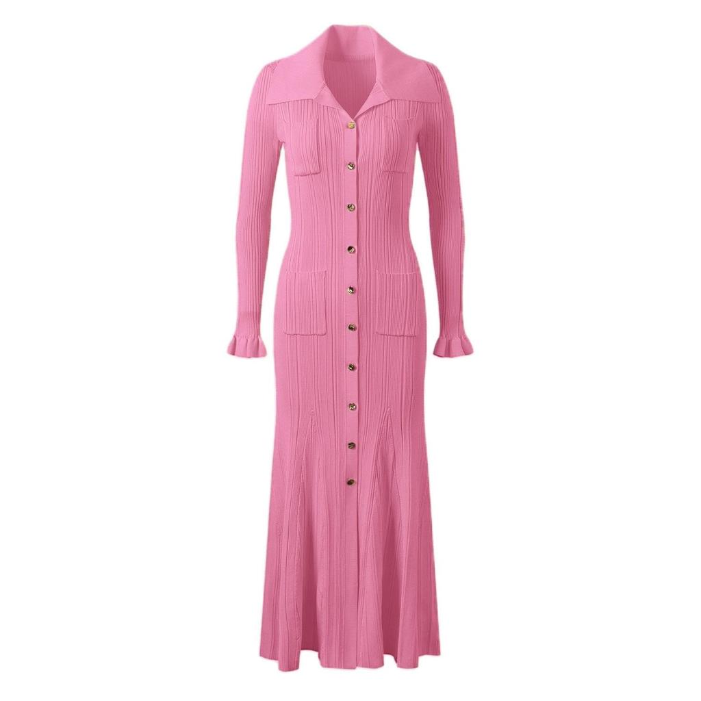 European & American Lapel Long Sleeve Knit Dress - 2025 Single-breasted Waist-cinching Autumn Dress for Women