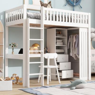Cama alta 90x200 escritorio armario 3 cajones espacio de almacenamiento somier madera de pino cama juvenil niños/adultos blanco