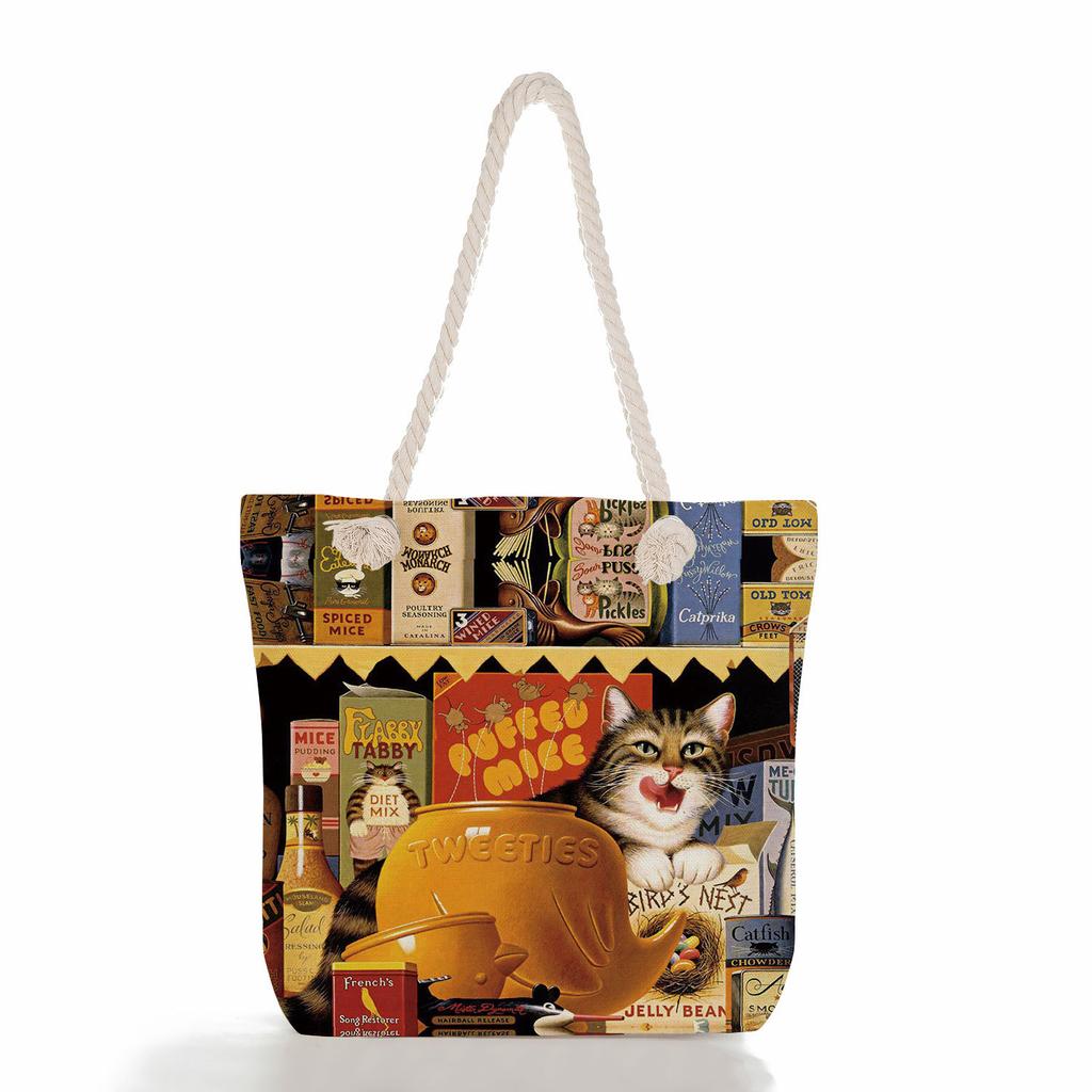 Cute Cat Print Thick Rope Single-shoulder Beach Bag 7211