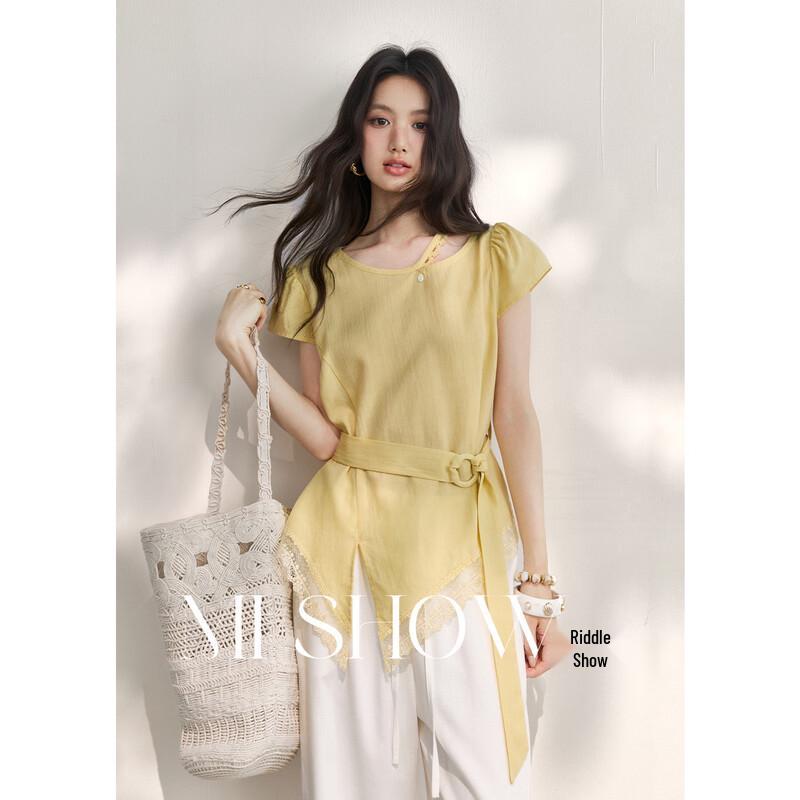 Mishow Women s Cream Yellow French Lace Tie-Waist Short Sleeve Blouse M