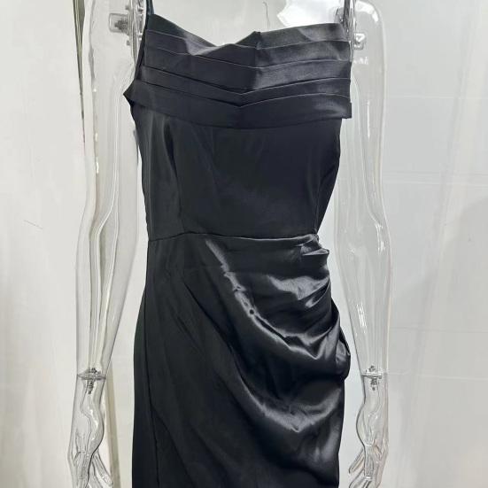 Abito da Sera da Donna Scollo a V Profondo Senza Maniche Spallina Sottile Raso Plissettato Spacco Alto Tinta Unita Vita Stretta Vestibilità Slim Lunghezza Intera Estivo Ballo di Fine Anno