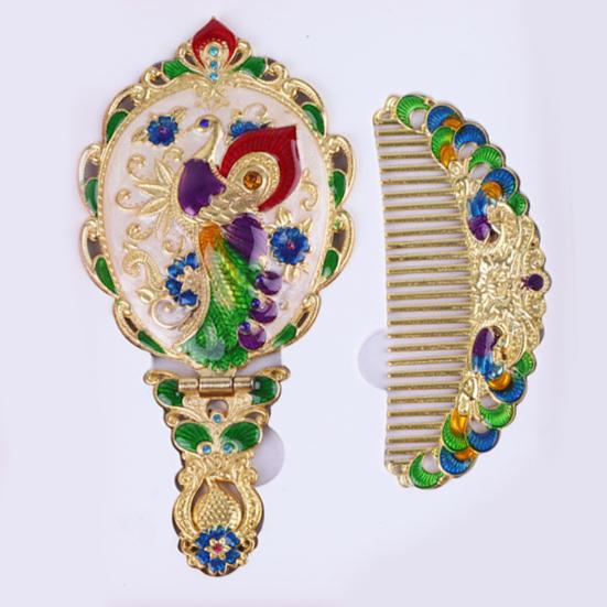 Vintage Folding Hand Mirror with Carved Comb Portable Travel Long Handle Metal Makeup Mirror Women Decorative Handheld Desk Vanity Mirror
